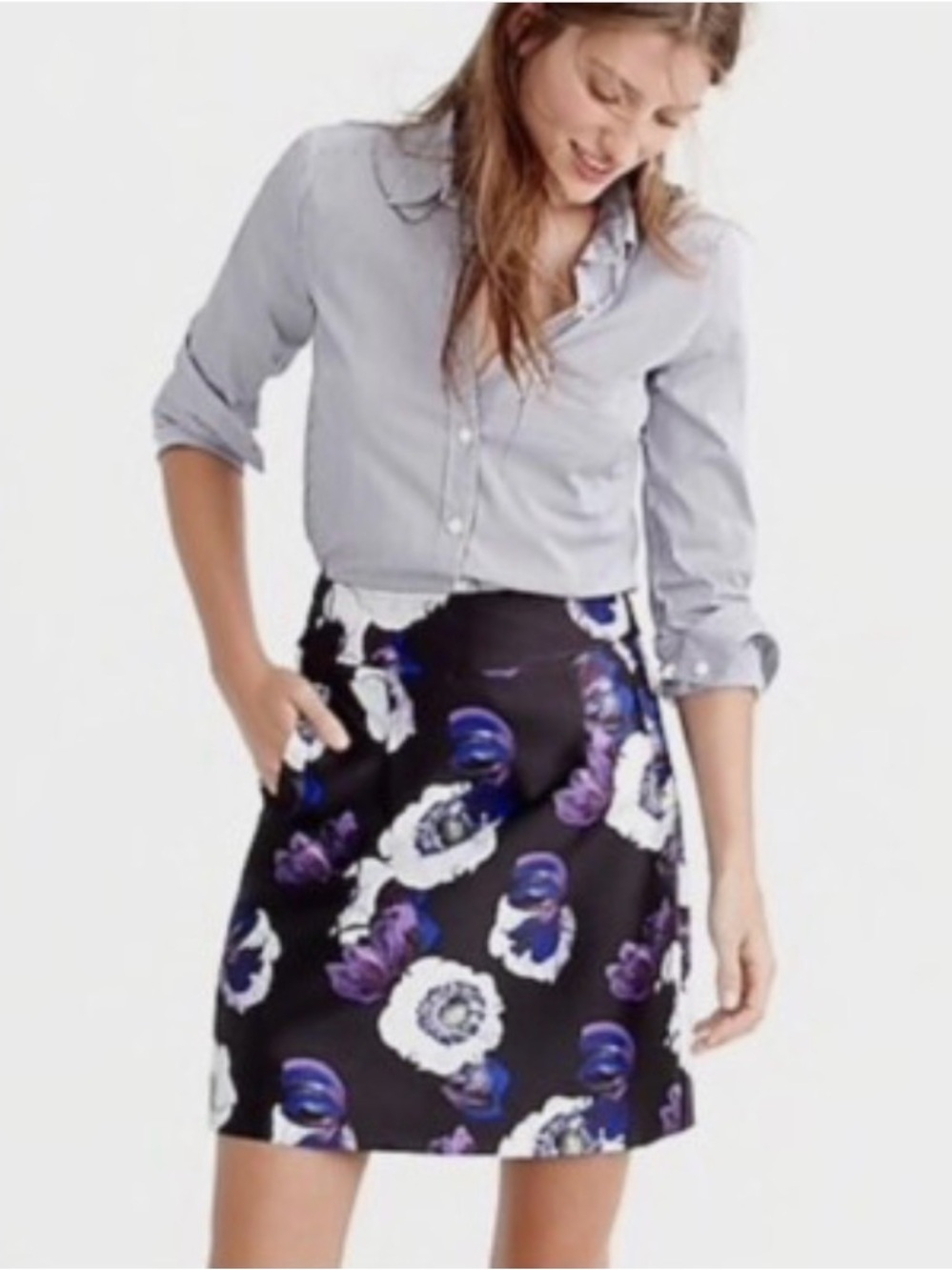 J. Crew Black A-Line Skirt with Blue, Purple & White Floral Print - Picture 7 of 7